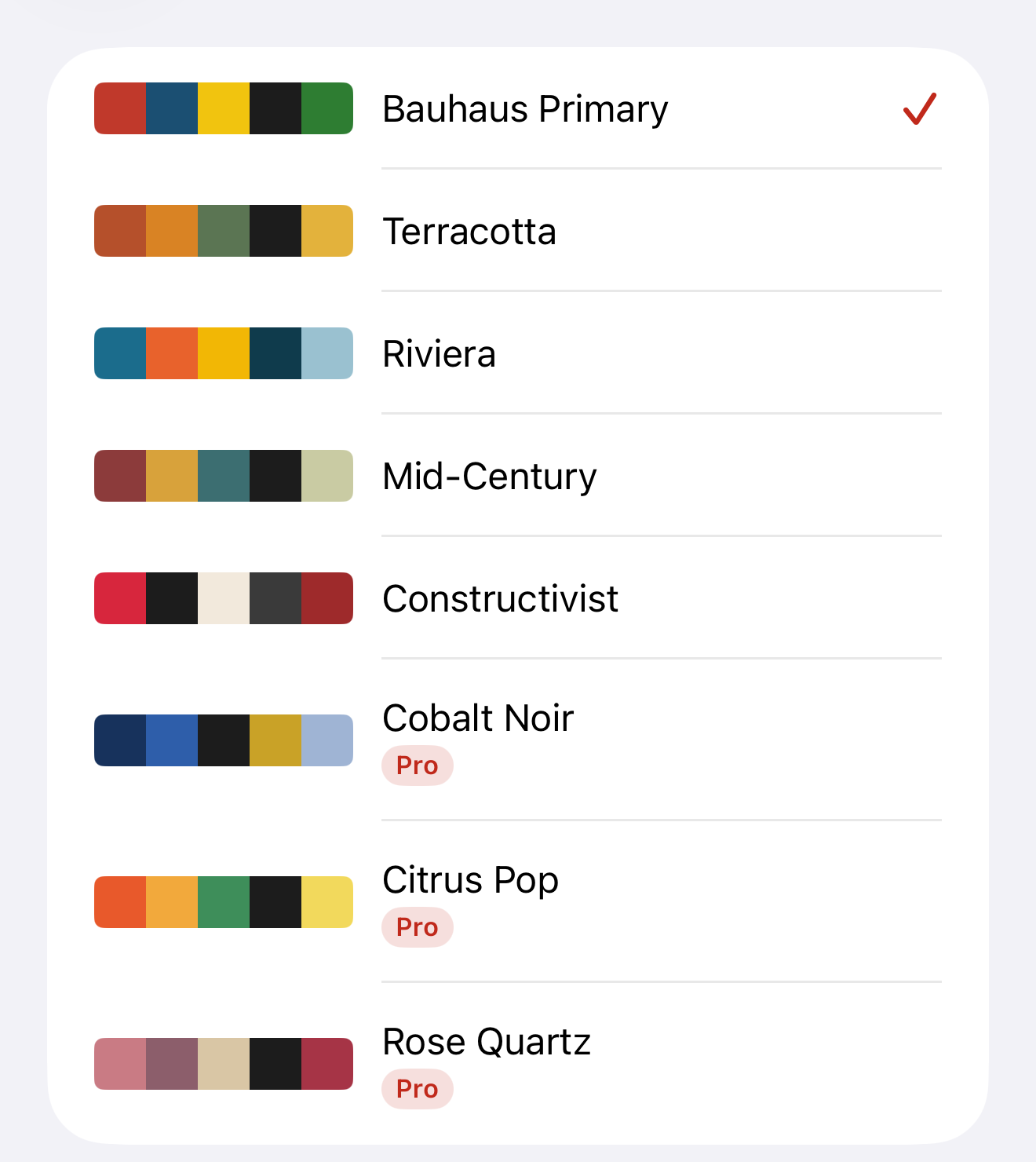 Curated color palette picker showing named palettes like Bauhaus Primary, Terracotta, and Riviera