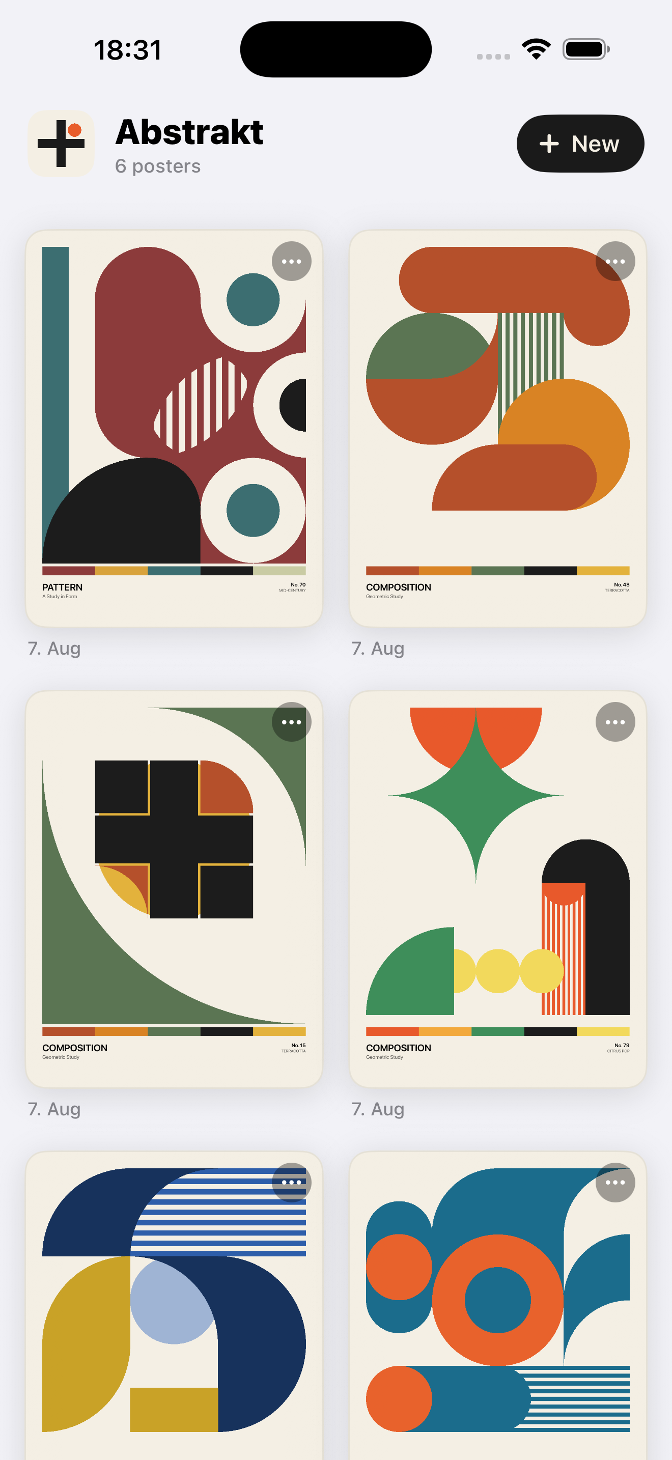 Abstrakt app screenshot showing a grid of geometric poster designs